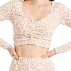 COLSIE: Plush Cream Leopard Print Long Sleeve Faux Button Crop Top -Size XL